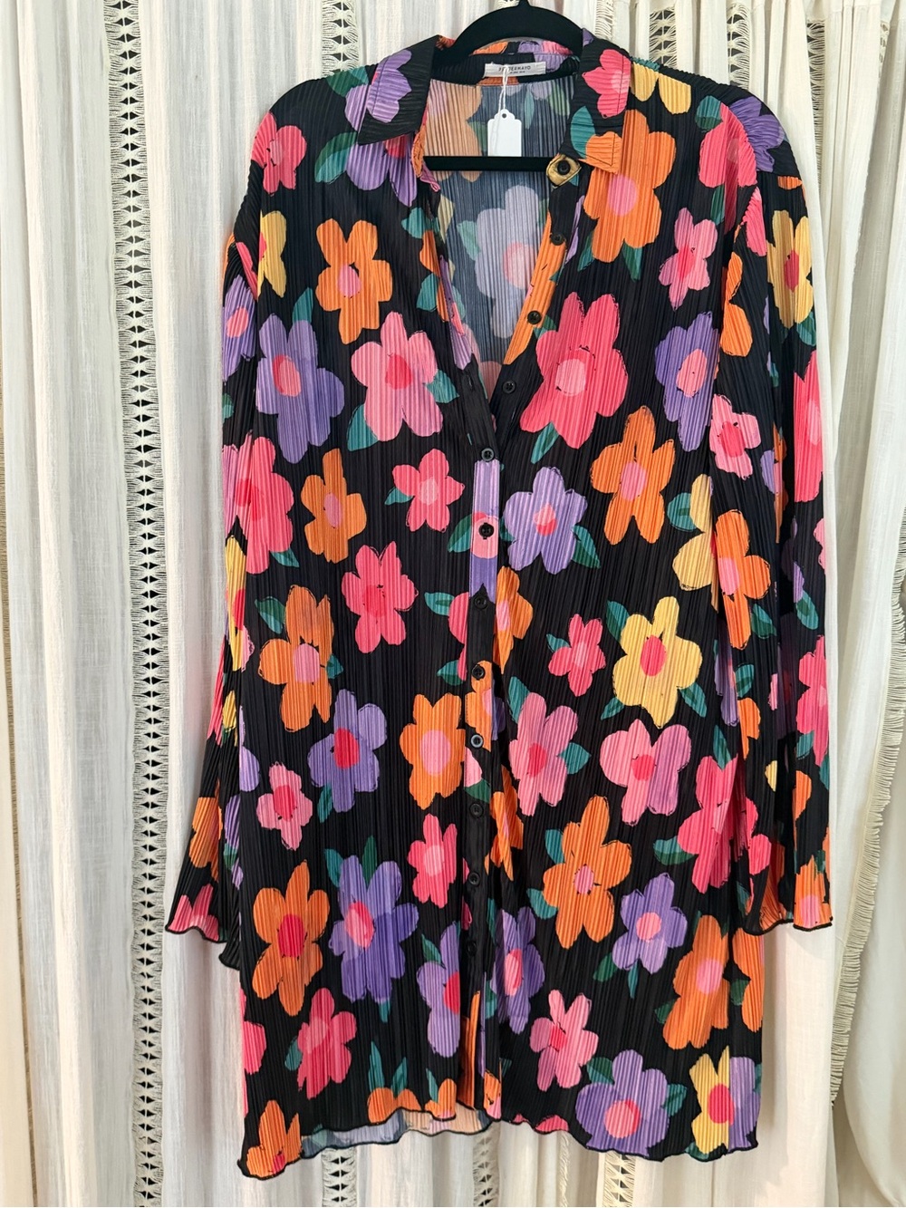 Peppermayo Black Floral Button-Front Tunic Dress with Multicolor Blooms